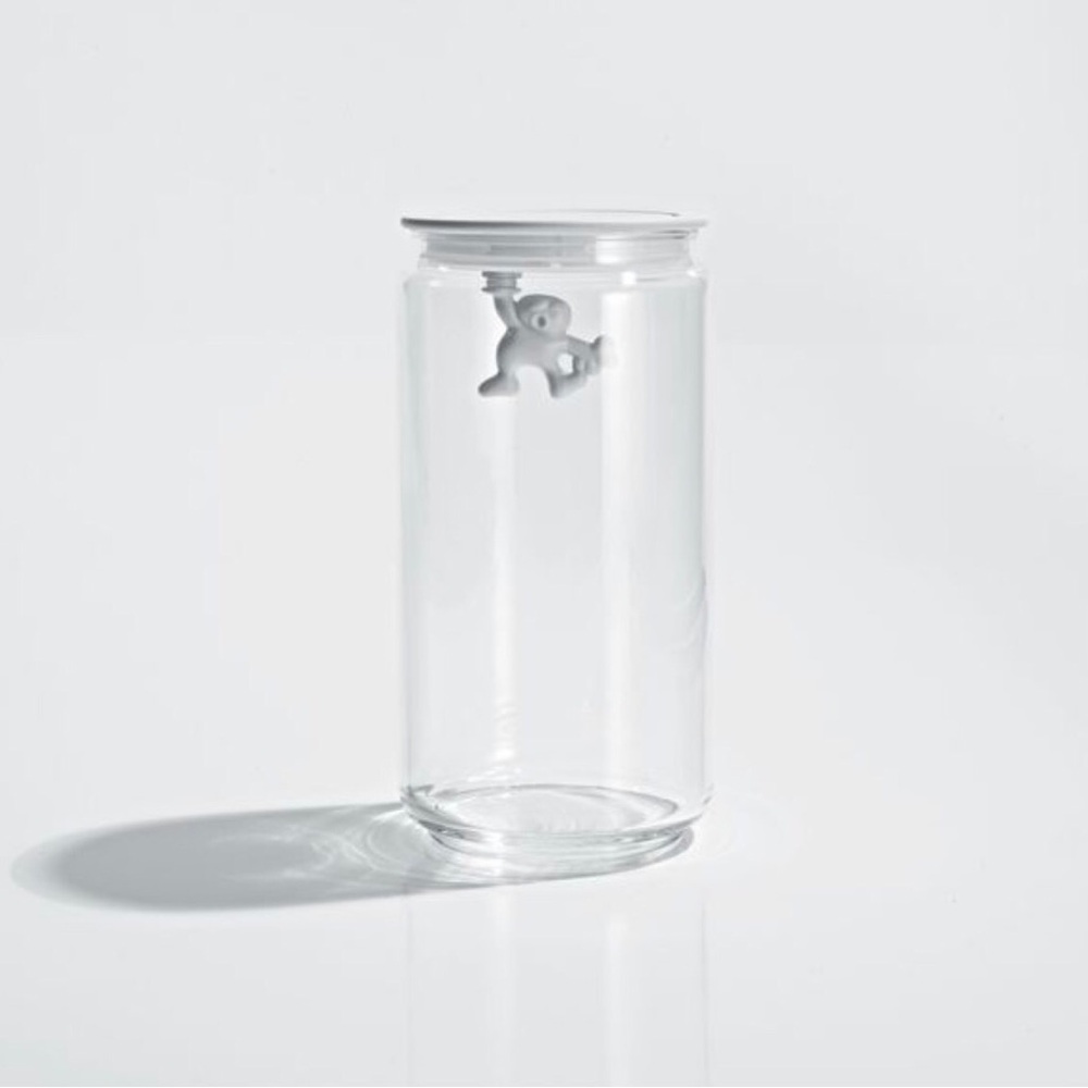 ALESSI Gianni Kitchen Storage Glass Jar Container Man holding on tight NEW White
